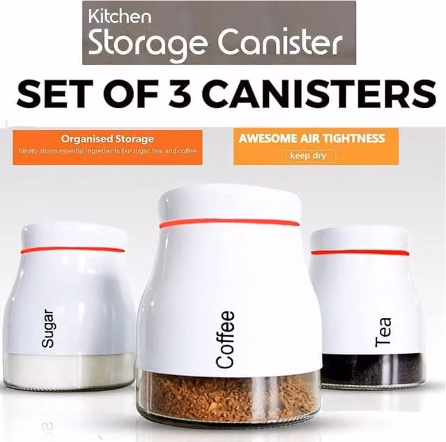 PAWNORA Set of 3 White Glass Kitchen Storage Canisters with Screw Lids – 1