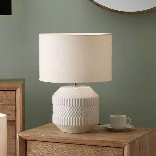 Ruma Small Grey Geometric Pattern Textured Ceramic Table Lamp with White Shade
