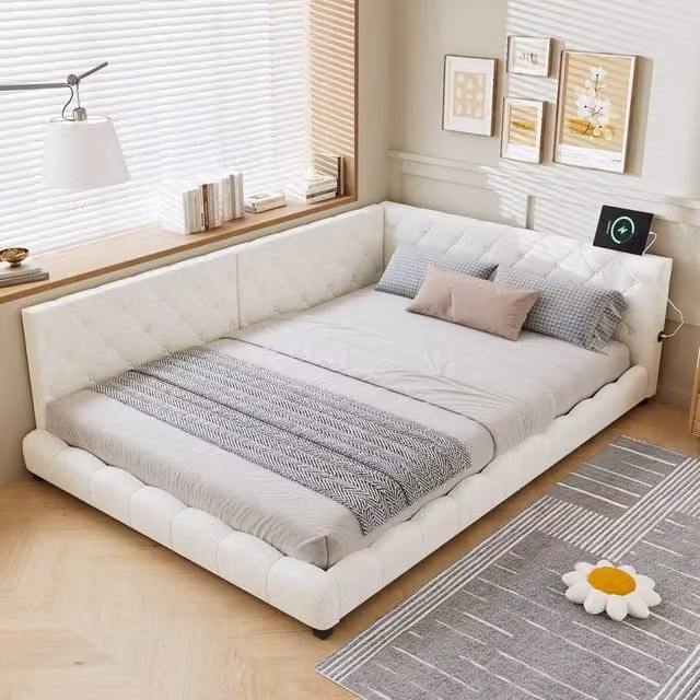 Rolipo Beige Boucle Upholstered Double Bed with Headboard, W: 135 cm, D: 190 cm, H: 66 cm – 1