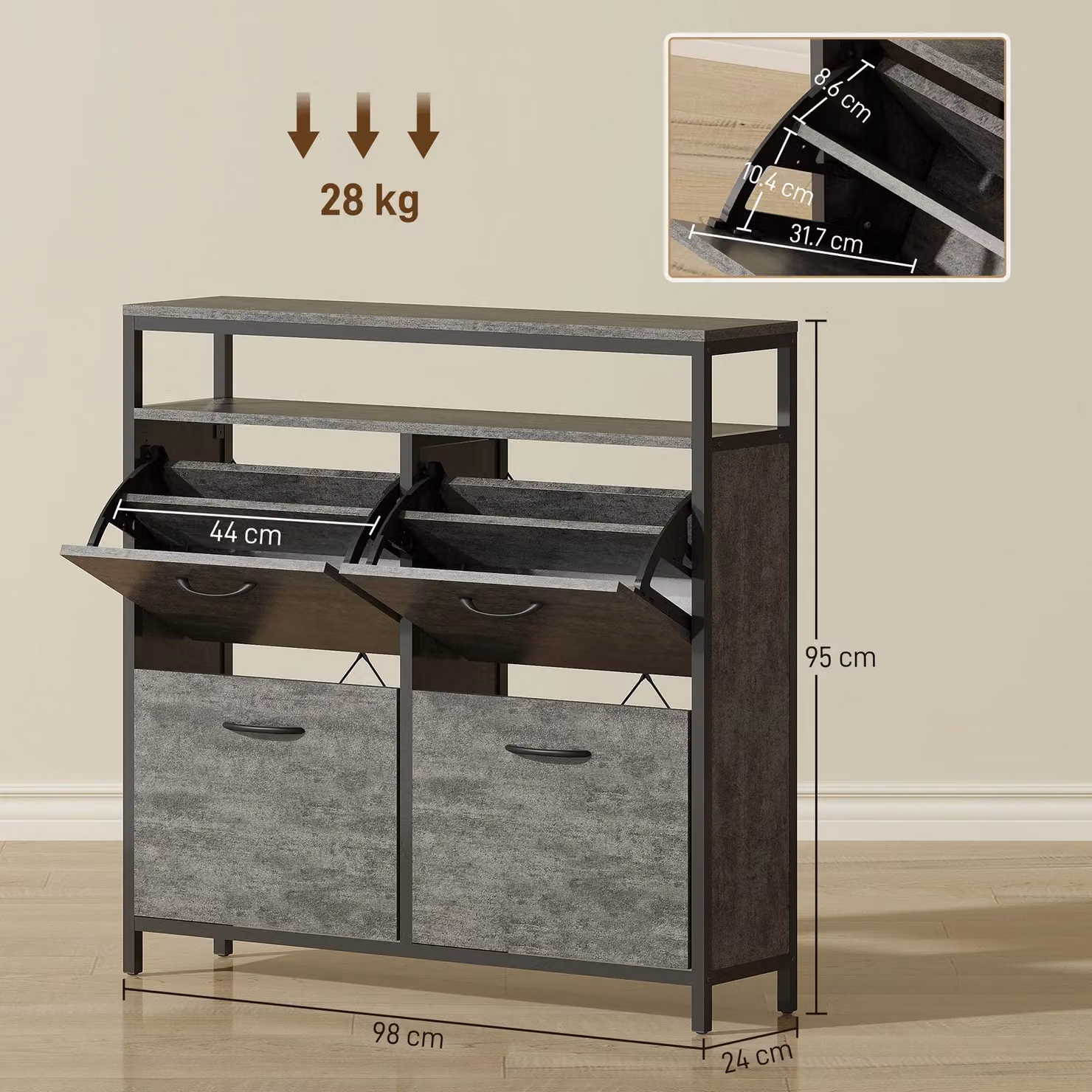 HOMCOM Industrial Shoe Cabinet with Tilting Compartments and Hinged Doors in Grey and Black – 2