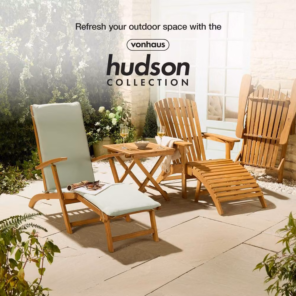 VonHaus Hudson Acacia Wood Folding Garden Sun Lounger with Weatherproof Cushion in Natural Brown – 6