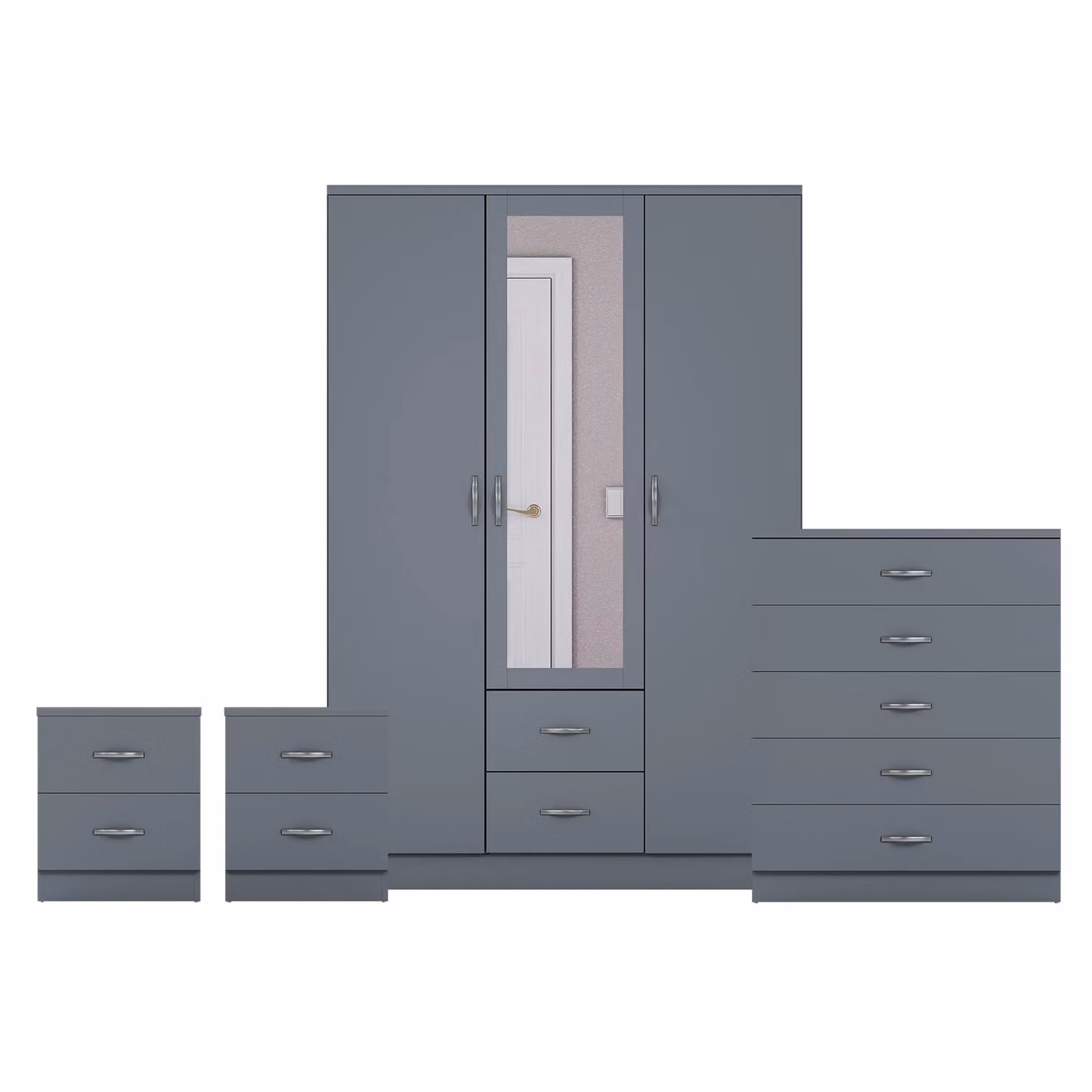 Vida Designs 4 Piece Modern Grey Bedroom Set Including 2 Bedside Tables, 5 Drawer Chest and 3 Door Mirror Wardrobe – 2
