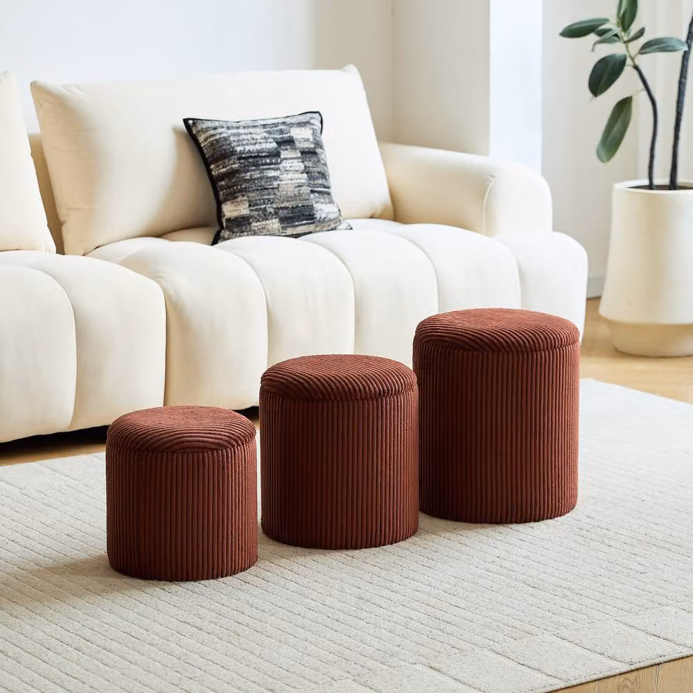 Nordlys Set of 3 Red Bouclé Fabric Poufs with Wooden Storage – 2