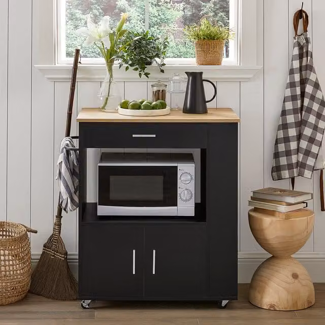 SoBuy Modern Kitchen Trolley with Drawer and Cupboard in Black and White