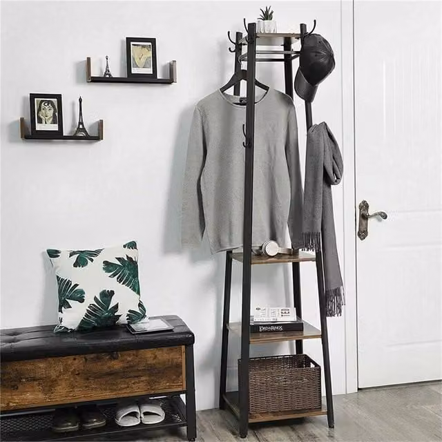 Nordara Industrial Hall Tree Bench with 8 Hooks and Shoe Storage Shelf in Black – 1