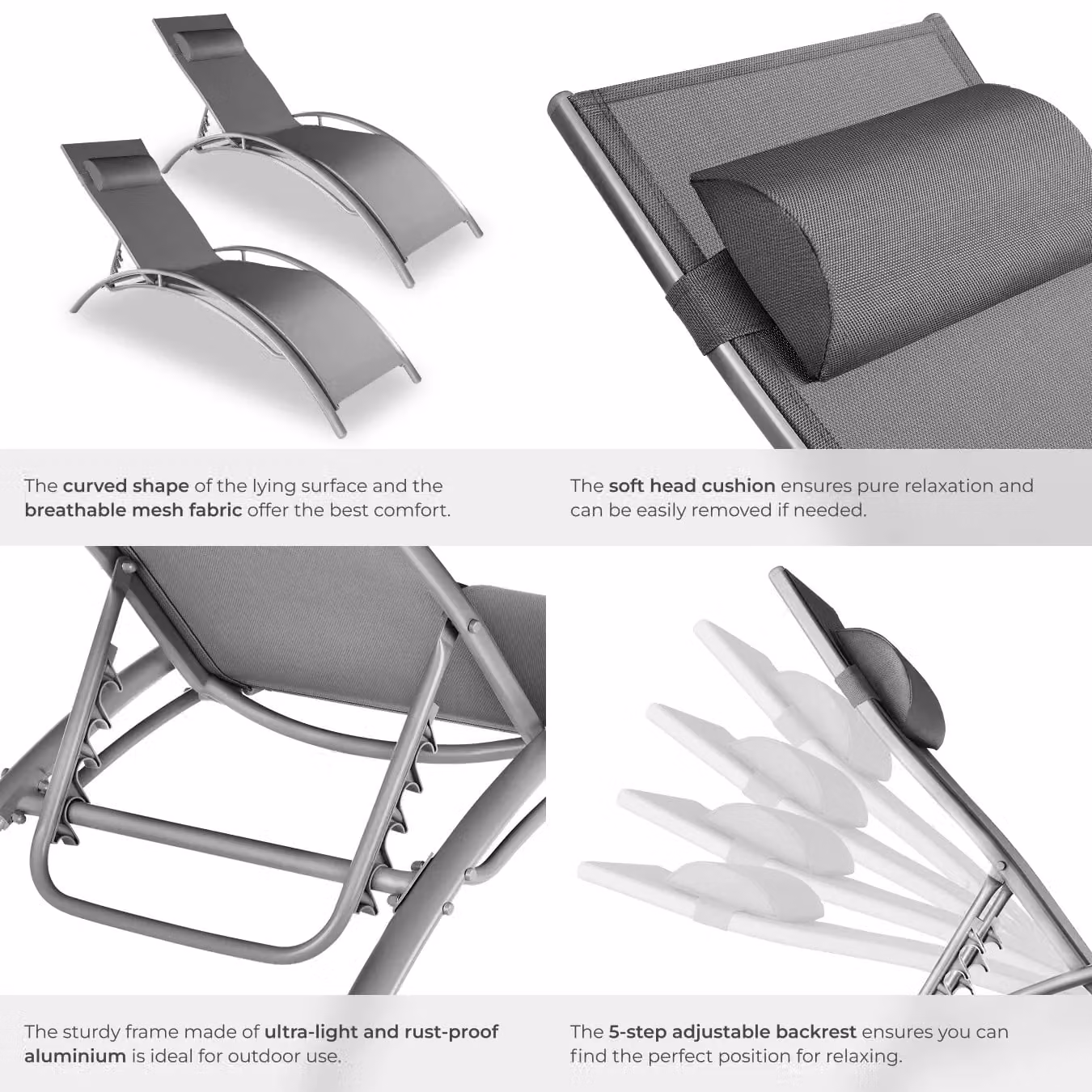 tectake Alina Sun Lounger Set of 2 in Grey with Powder Coated Aluminium Frame and Textilene Fabric – 5
