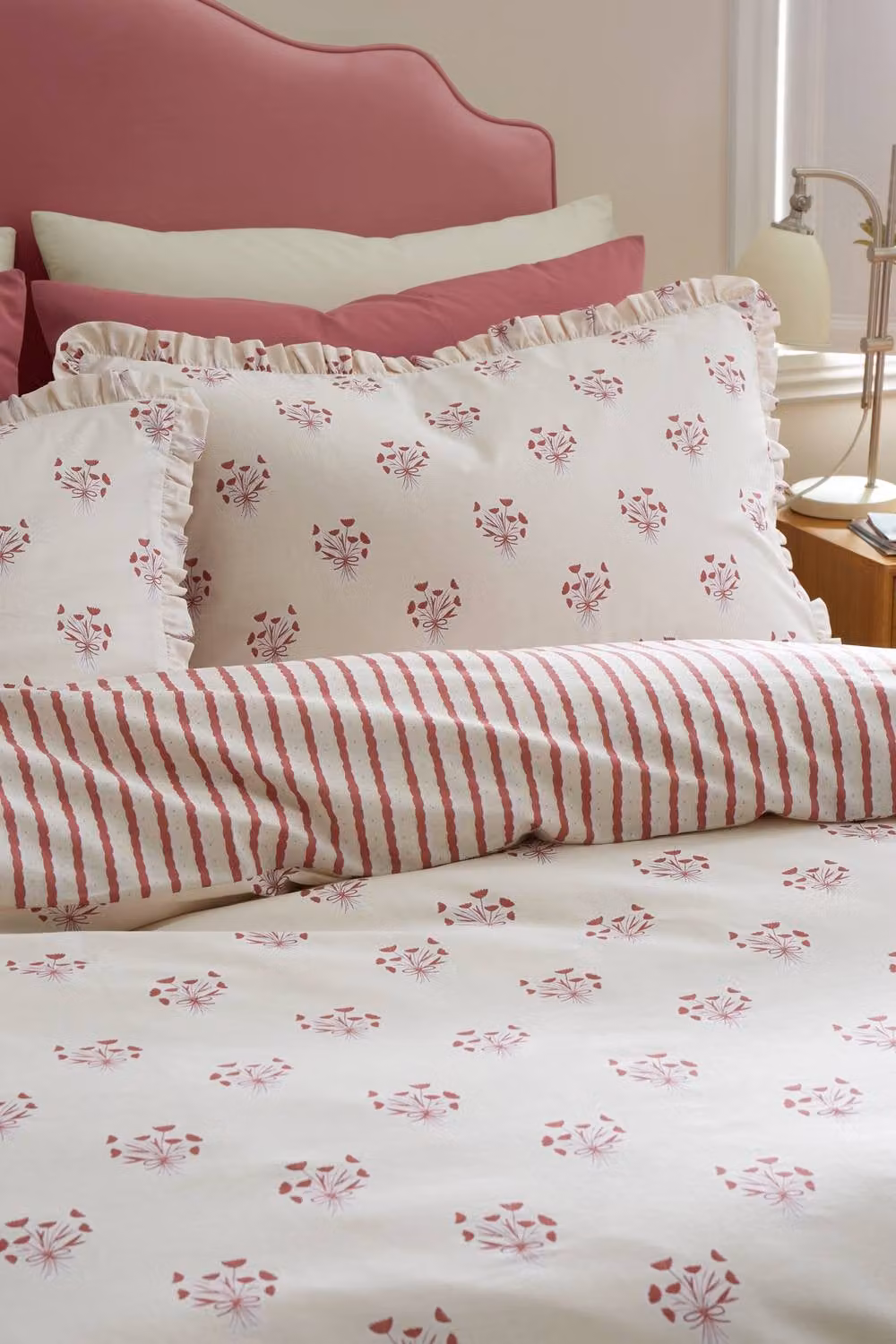 Emily Bond Hand Gathered Posy Red Floral Cotton Reversible Duvet Cover Set, W/D/H: 140 x 200 cm and 90 x 200 cm – 2
