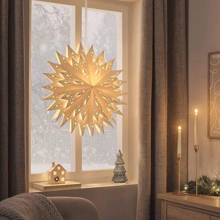 Lights4fun.co.uk White Traditional Star Light Up Paper Hanging Christmas Decoration