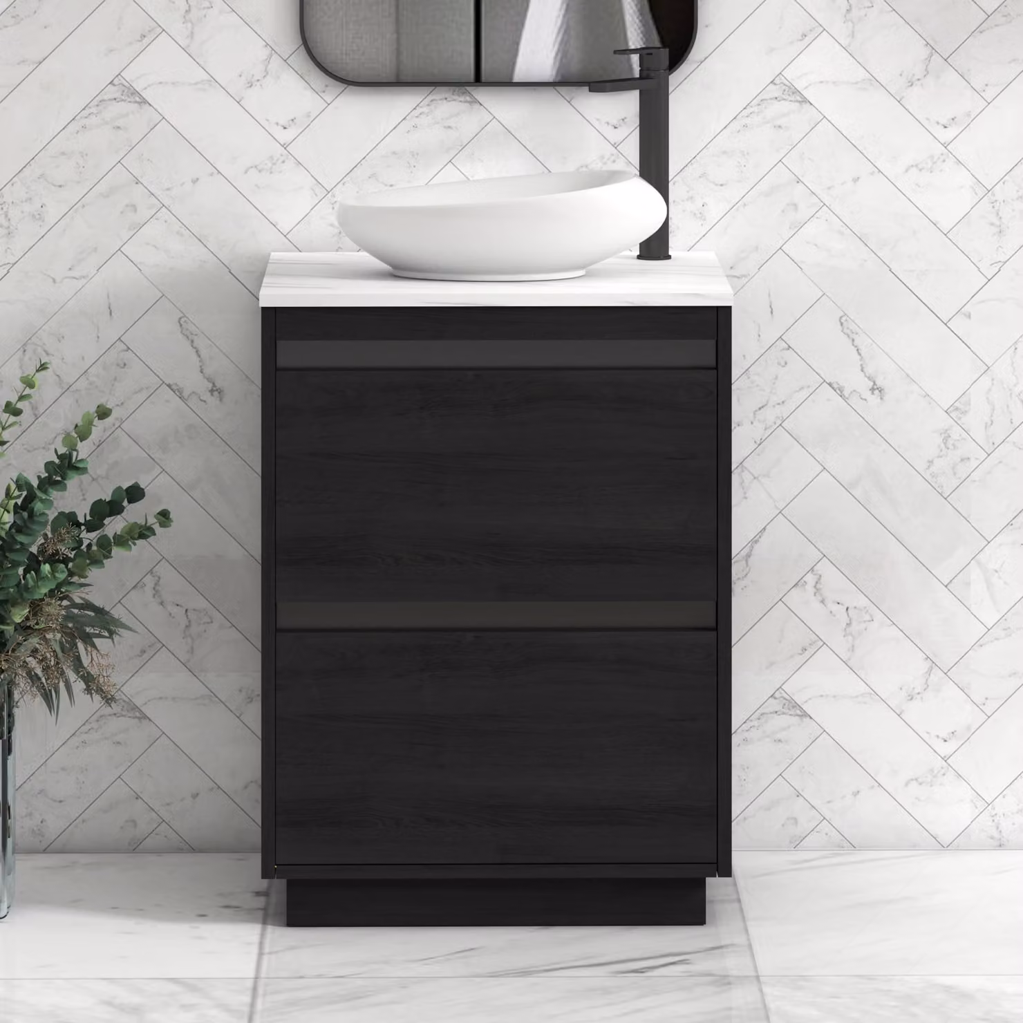Orion Hale Black Floor Standing 2 Drawer Vanity Unit with Nova Carrara White Countertop and Black Accent Trim by Royal Bathrooms