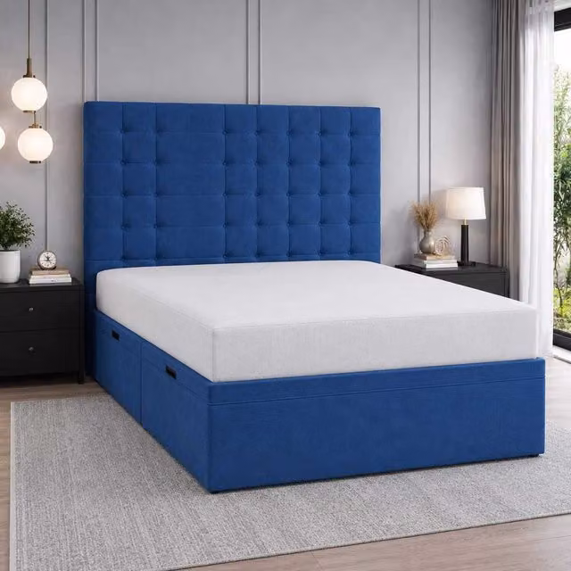 K Mehmood Enterprise Ltd Modern Blue Velvet Upholstered Storage Bed with Lift Up Base