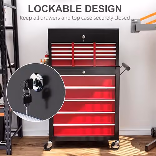 HOMCOM 2 in 1 Rolling Tool Cabinet with 14 Drawers, Pegboard and Lockable Top in Red – 6