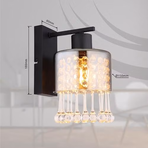 Globo Lighting Black Metal and Crystal Wall Lamp with Transparent Smoke Glass for Hallways and Bedrooms, Height: 26 cm – 3