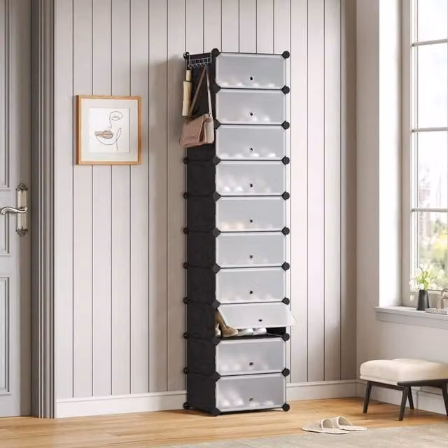 KORVIXA Black Plastic Portable Shoe Cabinet with Tilting Compartments and Internal Shelves, W/D/H: 100 x 173 x 100 cm – 1