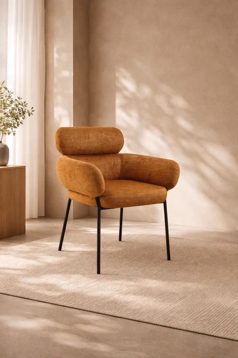 Tommy Franks Malin Dining Chair in Orange Fabric with Armrests and Metal Frame, H 80 cm x W 61 cm x D 59.5 cm