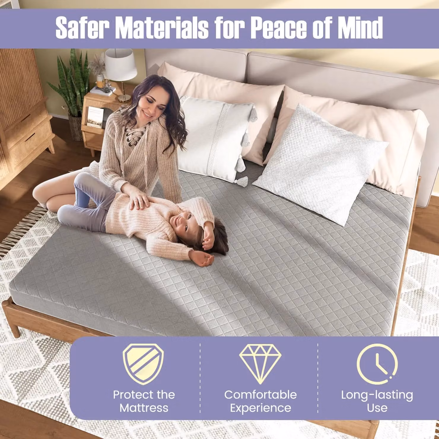 Costway Super King Size Velvet Mattress Topper and Protector in Grey, 200 x 200 cm – 4