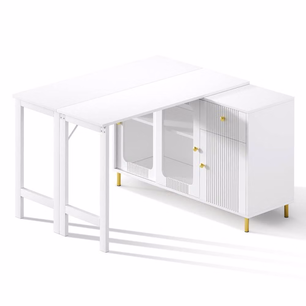 Rolipo Extendable Bar Table and Glass Door Sideboard with Rotating Top in White – 2