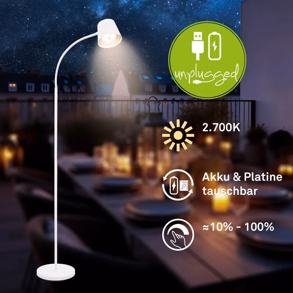 Briloner White LED Floor Lamp, Dimmable, Rechargeable and Cordless with Touch Control, Height: 126.5 cm – 2
