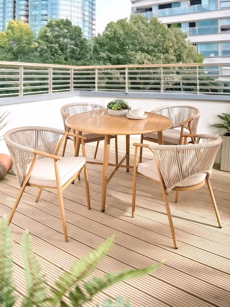 Cheap Furniture Warehouse Cancun 4 Seater Dining Set with Round Table and Chairs in Brown Modern Garden Patio Furniture