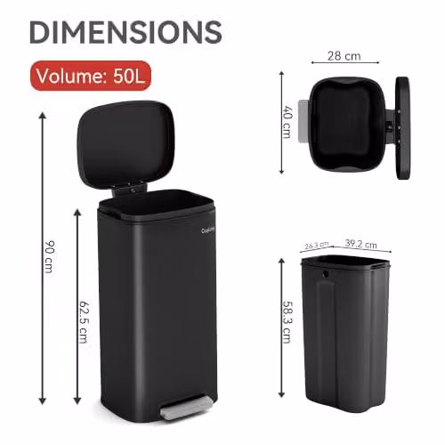 CozyLiving 50L Stainless Steel Pedal Kitchen Bin with Soft Close Lid and Removable Inner Bucket, Black – 2