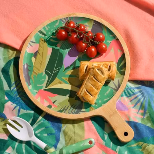 OHS Palm Print Round Bamboo Pizza and Charcuterie Serving Board in Green – 2