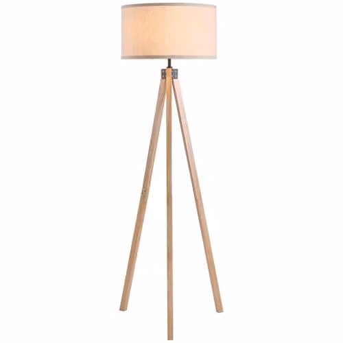 HOMCOM Modern Wood Tripod Floor Lamp with Beige Fabric Cylinder Shade, H 152 x W 45 x D 45 cm