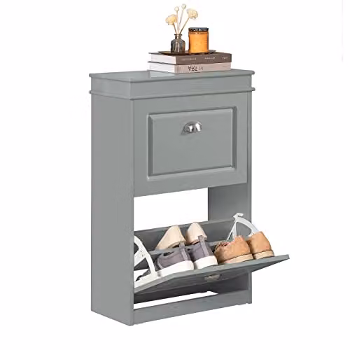 SoBuy Slim Shoe Cabinet with 2 Tilting Compartments and Integrated Seat, Grey, W/D/H: 53 x 24 x 82 cm – 1