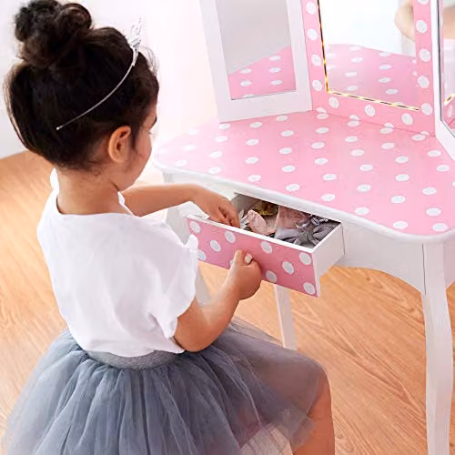 Teamson Kids Princess Gisele 2-Piece Wooden Play Vanity Set with LED-Illuminated Tri-Fold Mirror and Stool, White with Pink Polka Dot – 5