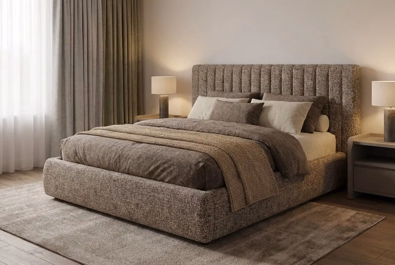 Araco Atelier Haven Bed in Beige and Brown Upholstered Fabric