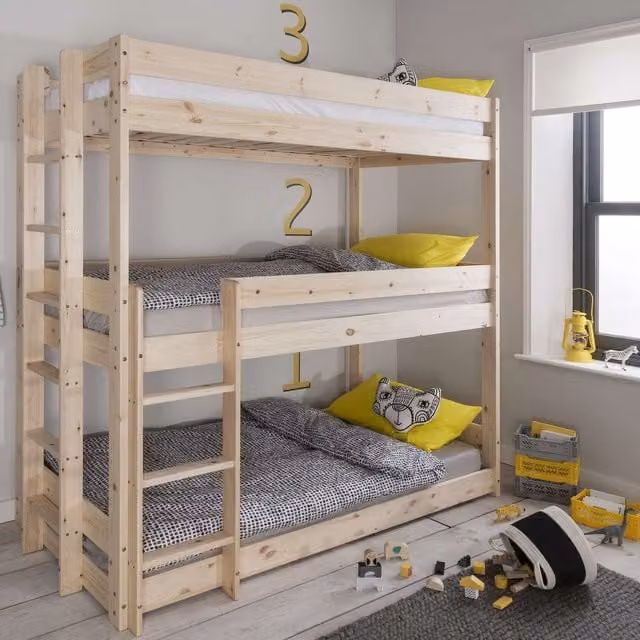 Noa and Nani Henrik Triple Bunk Bed in Natural Brown Pine Wood, 90 x 190 cm