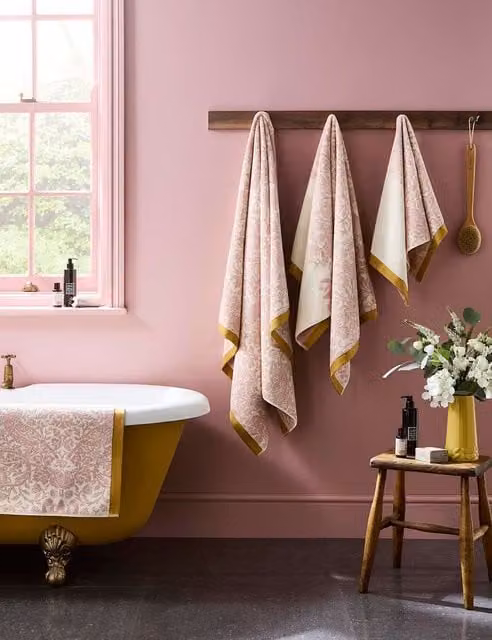 William Morris At Home Strawberry Thief Floral Pure Cotton Towel in Light Pink Mix
