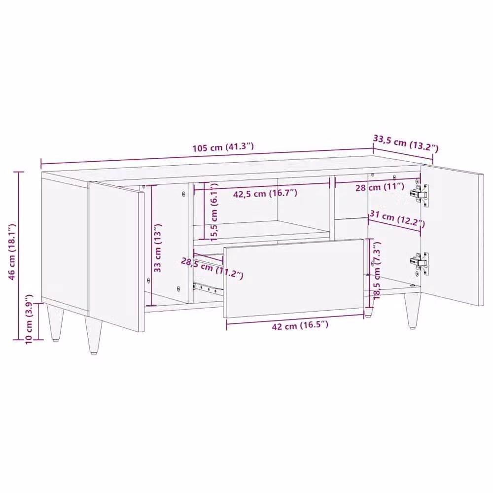 Berkfield Home Mango Wood TV Cabinet in Light Grey, W: 105 cm, D: 33.5 cm, H: 46 cm – 5