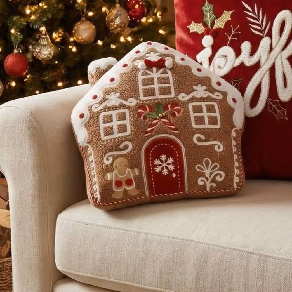Luxury Living Christmas Gingerbread House Cushion with Plump Hollow Fibre Pad in Soft Brown Fleece – 2