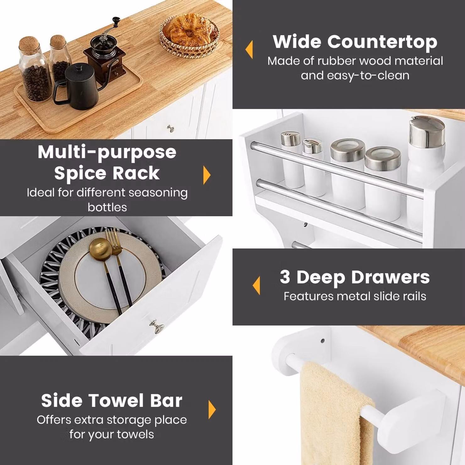 Costway Kitchen Island Storage Trolley Rolling Cart with 3 Drawers and 2 Doors in White – 2