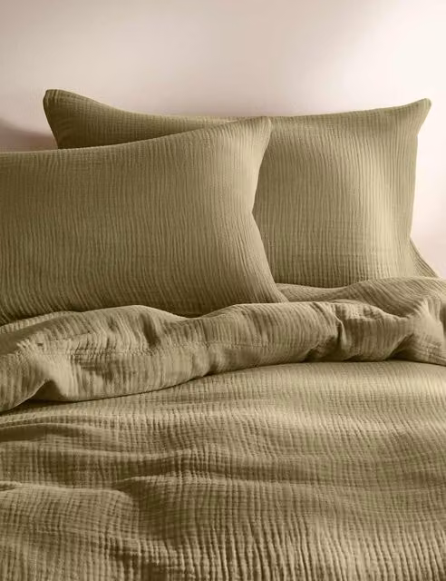 M&S Pure Cotton Breathable Muslin Bedding Set, Green, W: 180 cm x L: 200 cm