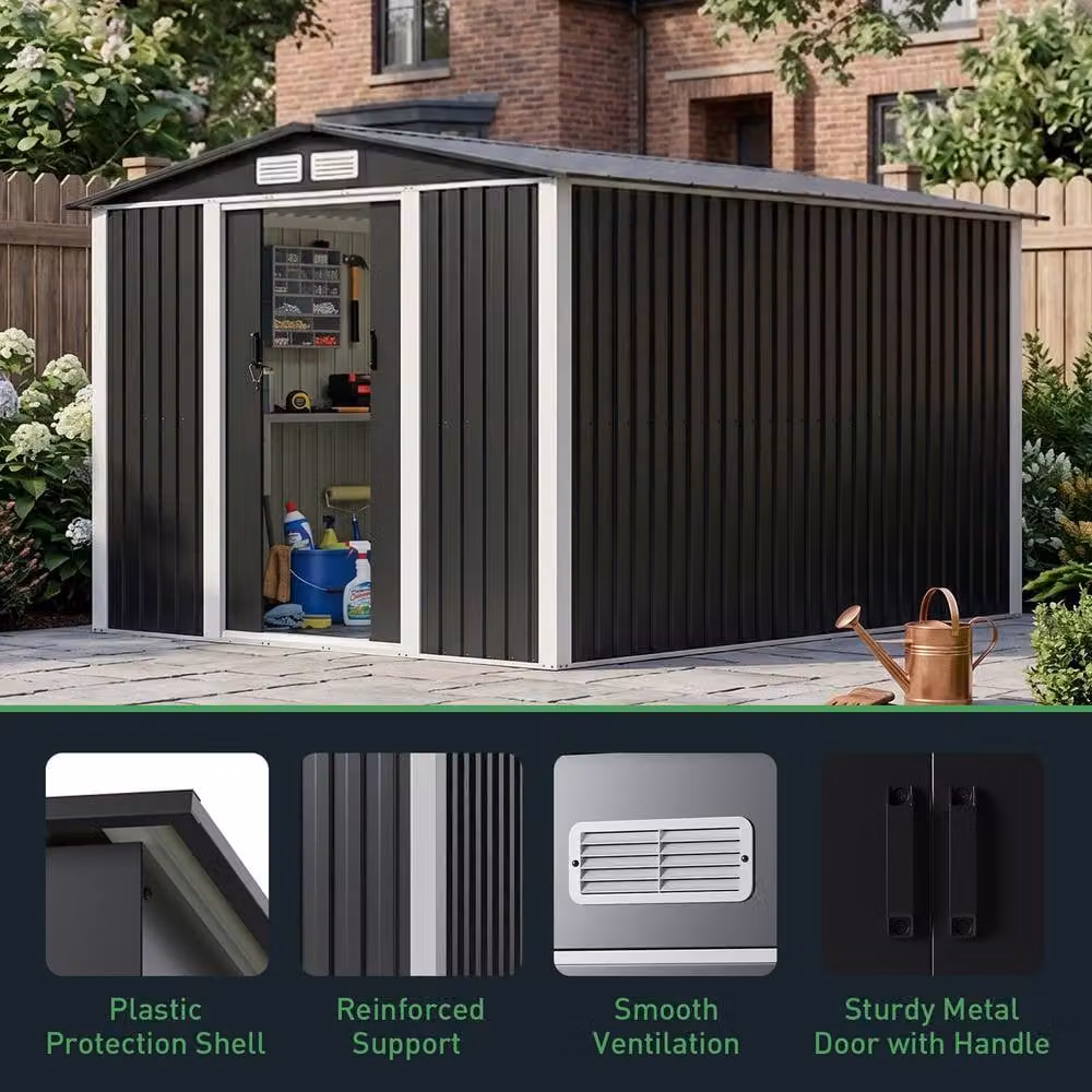 Living and Home Metal Garden Storage Shed with Lockable Door and Side Vent, Black, W: 243.84 cm, D: 300 cm, H: 181 cm – 5