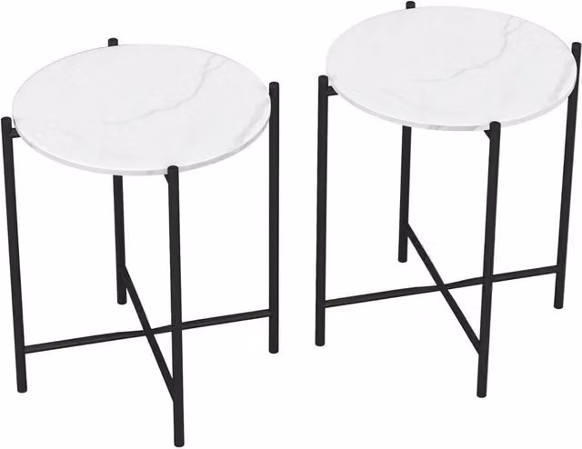 Havendro Set of 2 White Round Marble Effect Coffee Tables with Metal Frame
