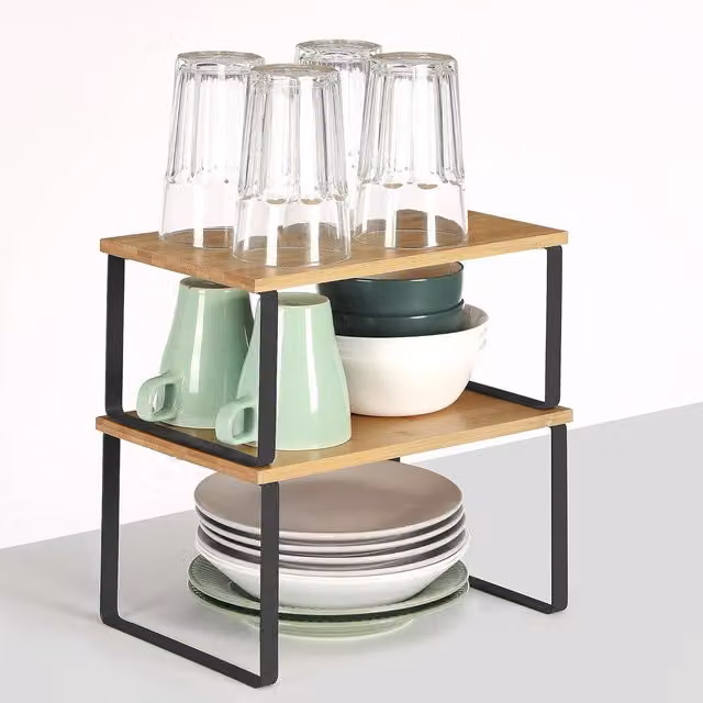 The Bazaarist Stackable Kitchen Spice Rack Organisers, Set of 2, Brown and Black