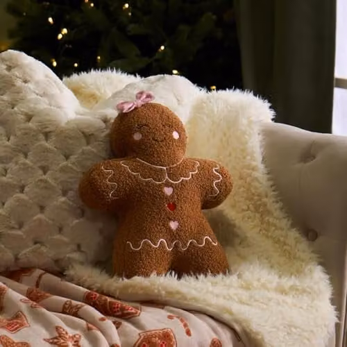 OHS Gingerbread Girl Boucle Christmas Cushion, Brown, W/D/H: 38 x 28 x 5 cm