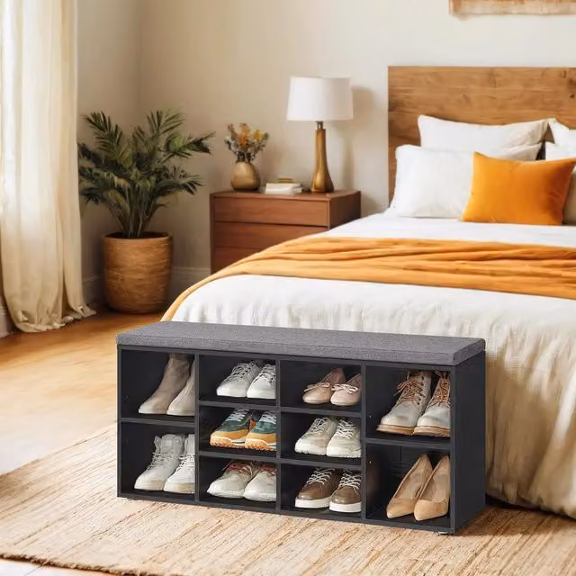 VASAGLE Shoe Bench with Fabric Cushion and Storage Compartments, Black and Grey, W/D/H: 104 x 30 x 48 cm