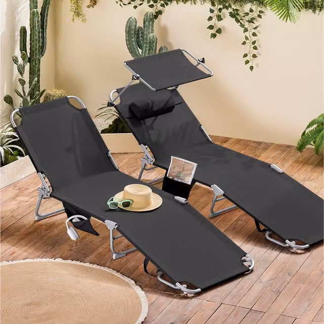 SoBuy Outdoor Garden Beach Folding Sun Lounger with Adjustable Sun Canopy and Headrest in Black