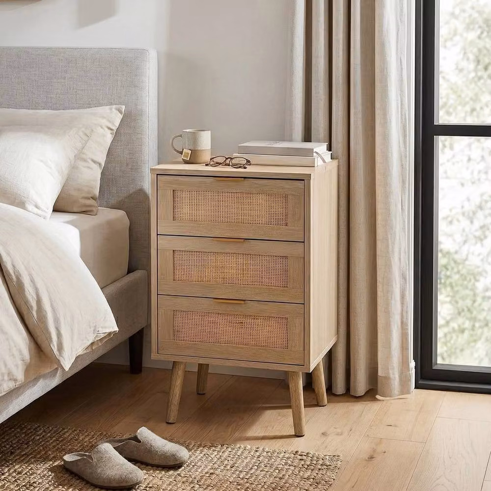 KORVIXA Rattan Bedside Table with 3 Drawers in Brown, Gold and Beige, Height: 72 cm, Width: 100 cm – 2