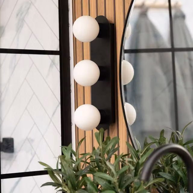 ValueLights Orbital 3 Way Bar Black Wall and Ceiling Light with Opal Glass Globe, IP44 Rated – 1