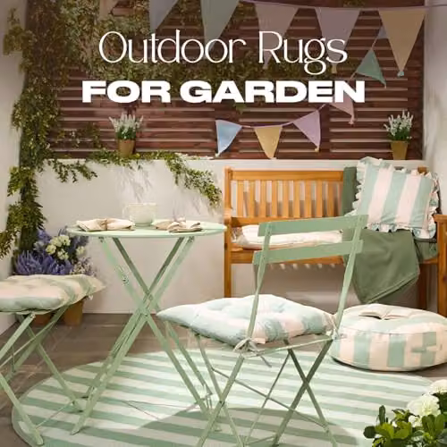 OHS Round Striped Outdoor Garden Rug in Green and White, Diameter: 170 cm – 2
