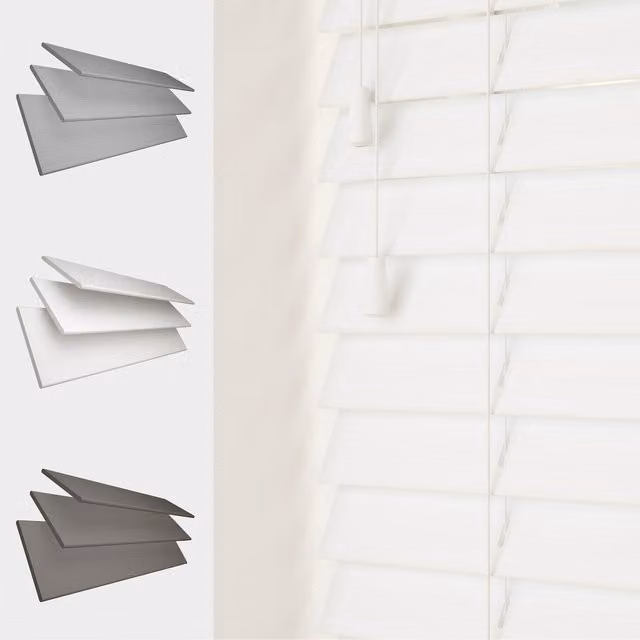 Caecus Blinds White Faux Wood String Venetian Blinds with 50mm Slats, Width: 120 cm