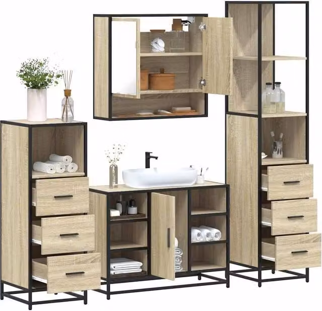 Berkfield Home 4-Piece Industrial Bathroom Furniture Set in Sonoma Oak and Brown
