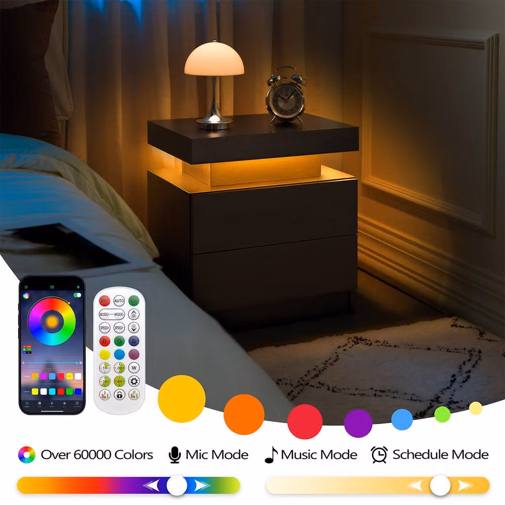 Direct Wicker Modern Black Rattan Bedside Table with Integrated LED Lighting and 2 Drawers – 3