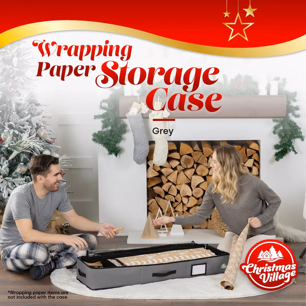 Christmas Village Premium Fabric Wrapping Paper Storage Bag with Lid and Handles in Grey – 2