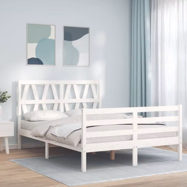 Berkfield Home Small Double Solid Wood Bed Frame with Headboard in White