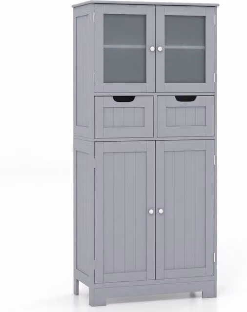 FORGEVIO Grey Tall Freestanding Bathroom Storage Cabinet with Hinged Doors and Internal Shelves