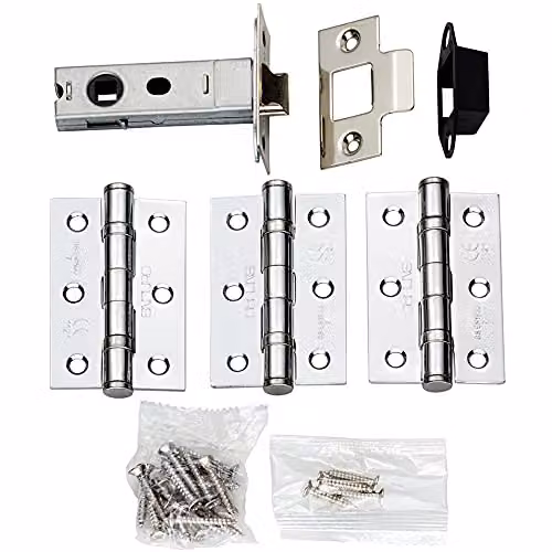 Loops Hinge and Latch Pack with 76mm Bolt Through Tubular Latch and 3 x 3 Inch Butt Hinges in Chrome
